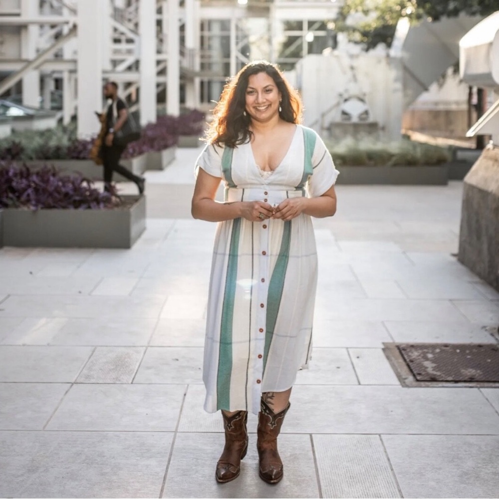 O'Neill White and Green Button-Down Midi Dress